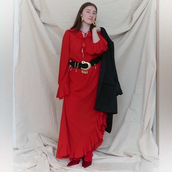 Vintage Sheer Red Ruffle Maxi Dress | Romantic 70s Style | Boho Evening Gown - Picture 7 of 7